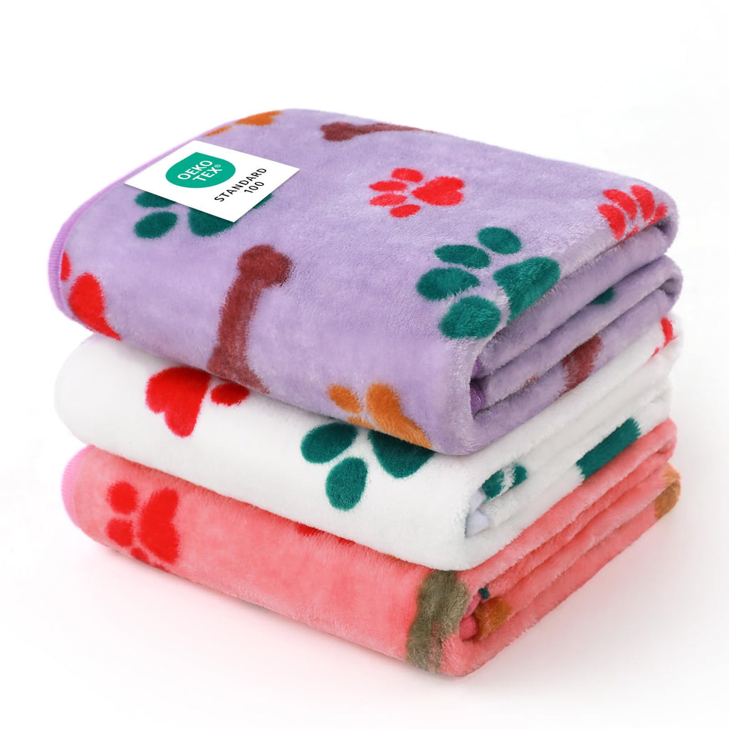 Luciphia 3 Pack Pet Blankets – Soft Coral Velvet Fleece Throw for Dogs & Cats, Paw Bone Print, Machine Washable, Medium 30x20 inches