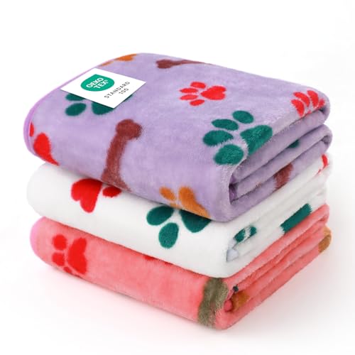 Luciphia 3 Pack Pet Blankets – Soft Coral Velvet Fleece Throw for Dogs & Cats, Paw Bone Print, Machine Washable, Medium 30x20 inches
