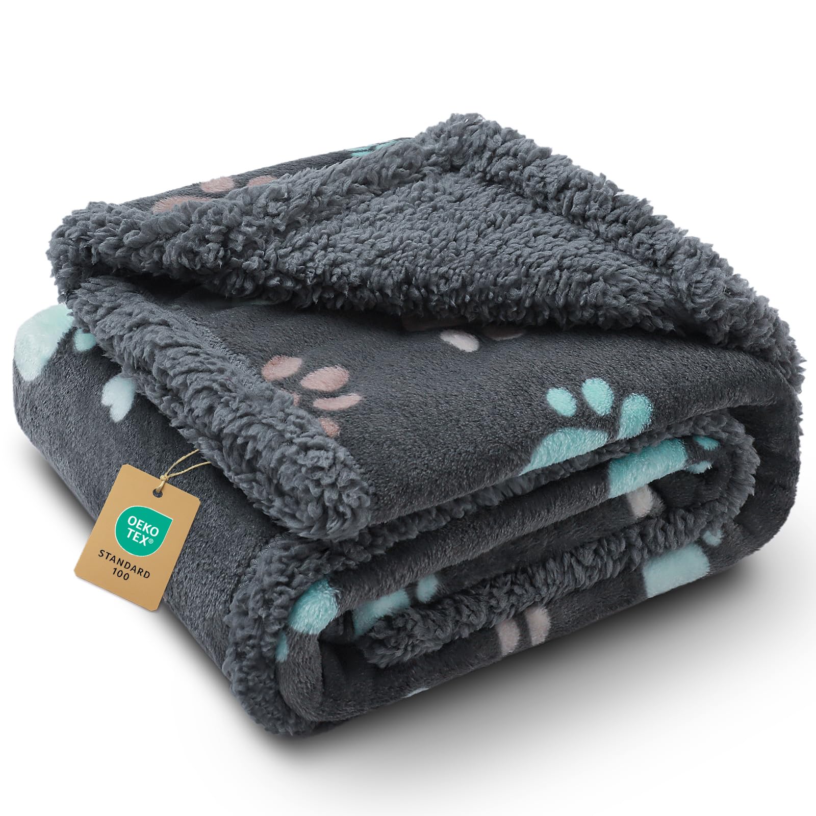 Luciphia Waterproof Pet Blanket - Small 40x28 Inch, Reversible Fleece & Sherpa, Grey Paw, Machine Washable Furniture Protector
