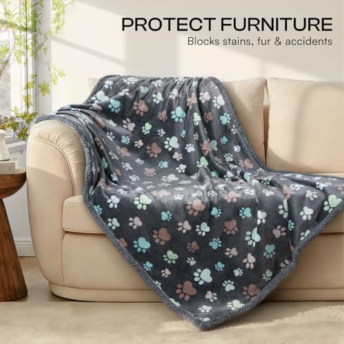 Luciphia Waterproof Pet Blanket - Small 40x28 Inch, Reversible Fleece & Sherpa, Grey Paw, Machine Washable Furniture Protector
