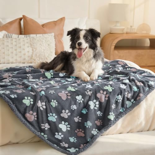 Luciphia Waterproof Pet Blanket - Small 40x28 Inch, Reversible Fleece & Sherpa, Grey Paw, Machine Washable Furniture Protector