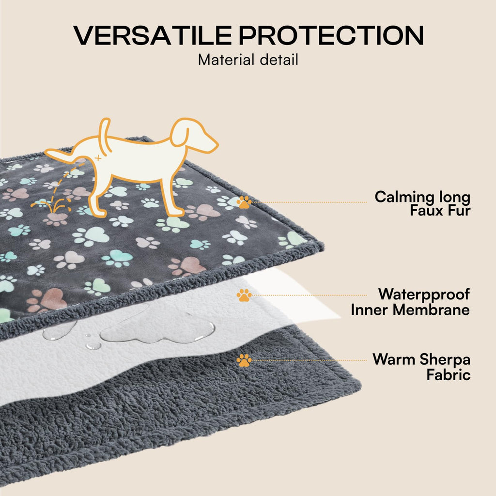 Luciphia Waterproof Pet Blanket - Small 40x28 Inch, Reversible Fleece & Sherpa, Grey Paw, Machine Washable Furniture Protector