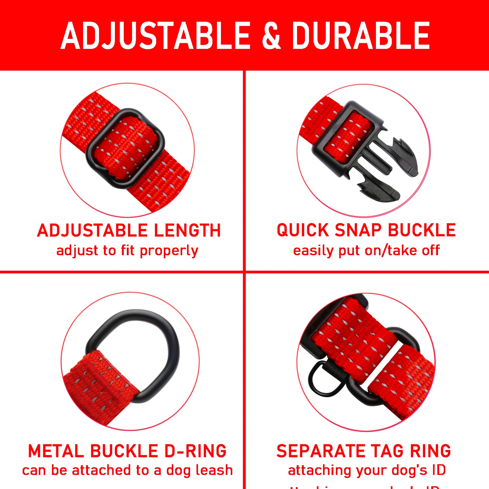 LUCKYDC Martingale Dog Collar - Small Red Reflective Training Collar - Adjustable, Anti-Slip for Medium to XL Dogs
