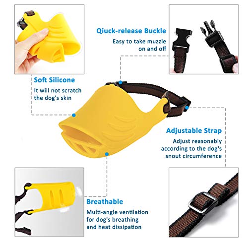 LUCKYPAW Dog Muzzle Yellow XL - Soft Duck Silicone Mouth Cover for Medium Dogs, Prevents Barking Biting Chewing