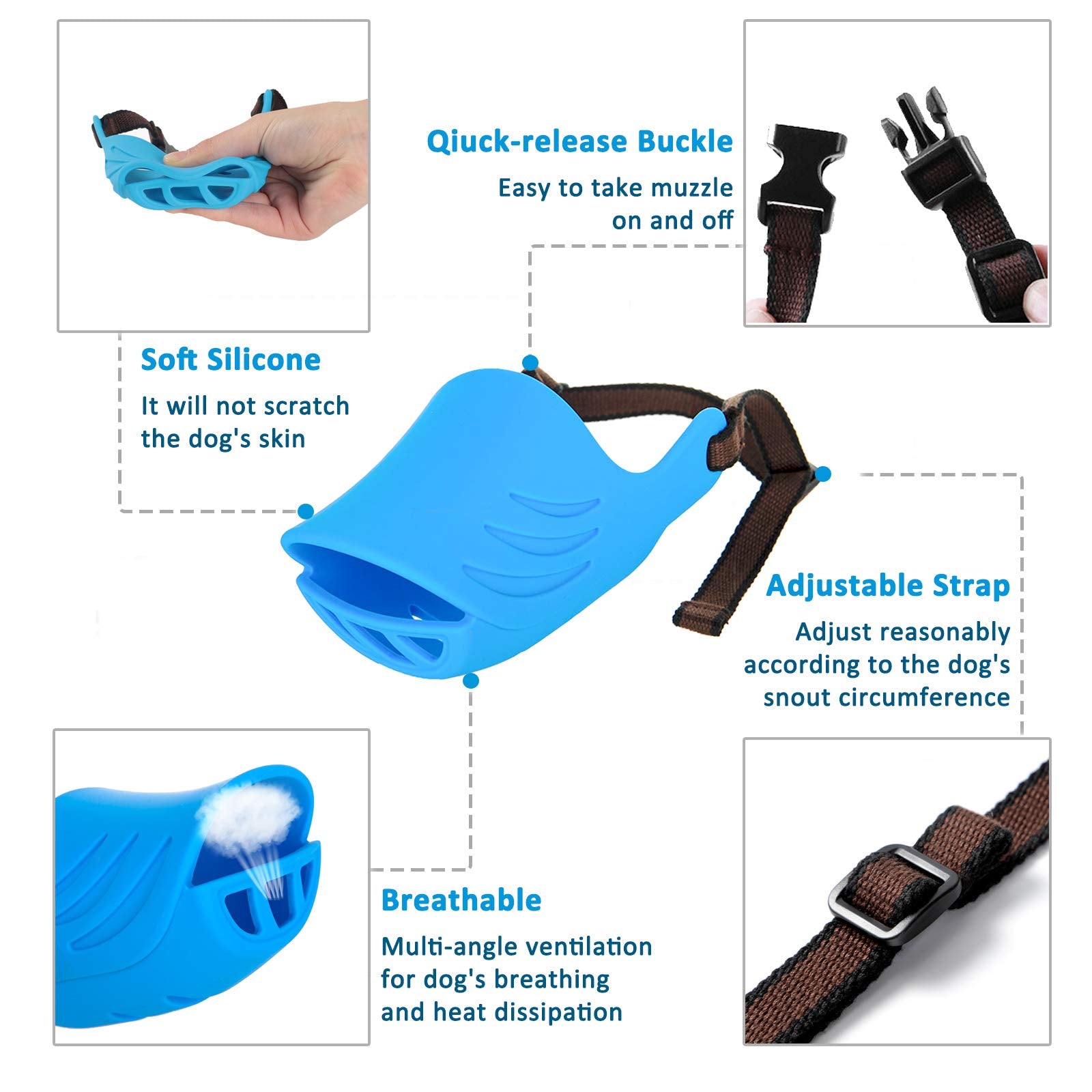 LUCKYPAW Soft Silicone Dog Muzzle - Blue, Size M for Small to Medium Dogs - Adjustable Strap to Help Stop Barking, Biting, Chewing