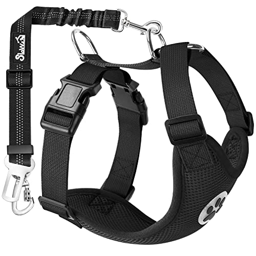 Lukovee 2-in-1 Dog Car Harness and Seat Belt – Mesh Vest with Elastic Tether for Small to Large Dogs (Black, Medium)