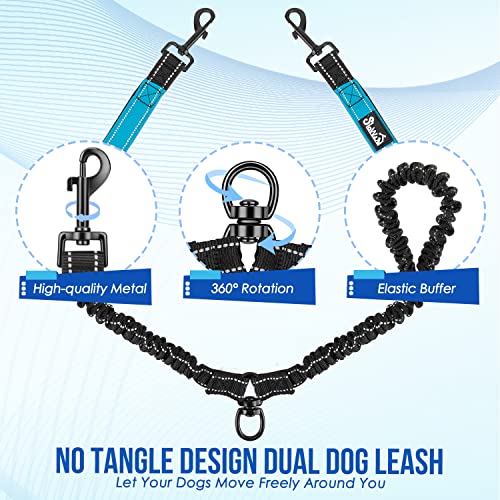 Lukovee Double Dog Leash No Tangle 360 Swivel Heavy Duty Reflective with Padded Handles, Blue, Size L