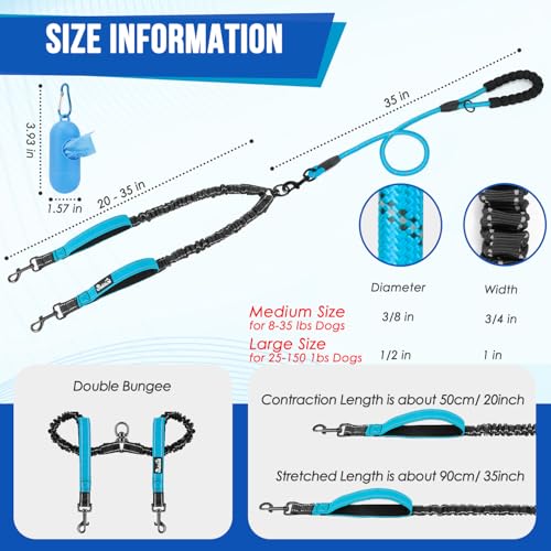 Lukovee Double Dog Leash No Tangle 360 Swivel Heavy Duty Reflective with Padded Handles, Blue, Size L
