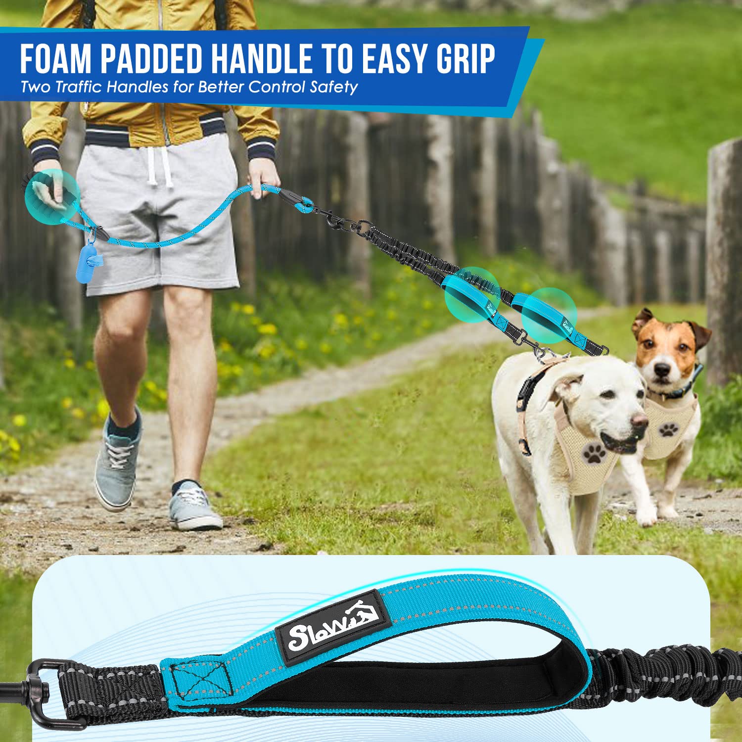 Lukovee Double Dog Leash No Tangle 360 Swivel Heavy Duty Reflective with Padded Handles, Blue, Size L