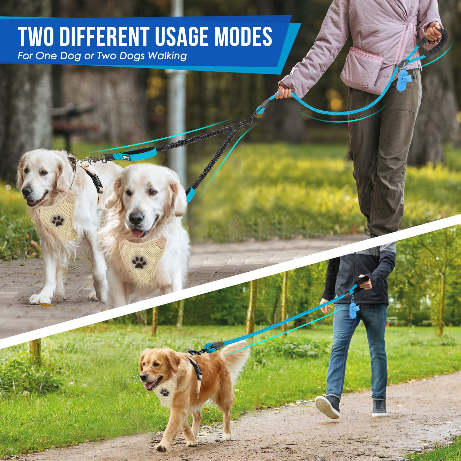 Lukovee Double Dog Leash No Tangle 360 Swivel Heavy Duty Reflective with Padded Handles, Blue, Size L