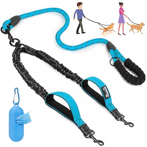 Lukovee Double Dog Leash No Tangle 360 Swivel Heavy Duty Reflective with Padded Handles, Blue, Size L