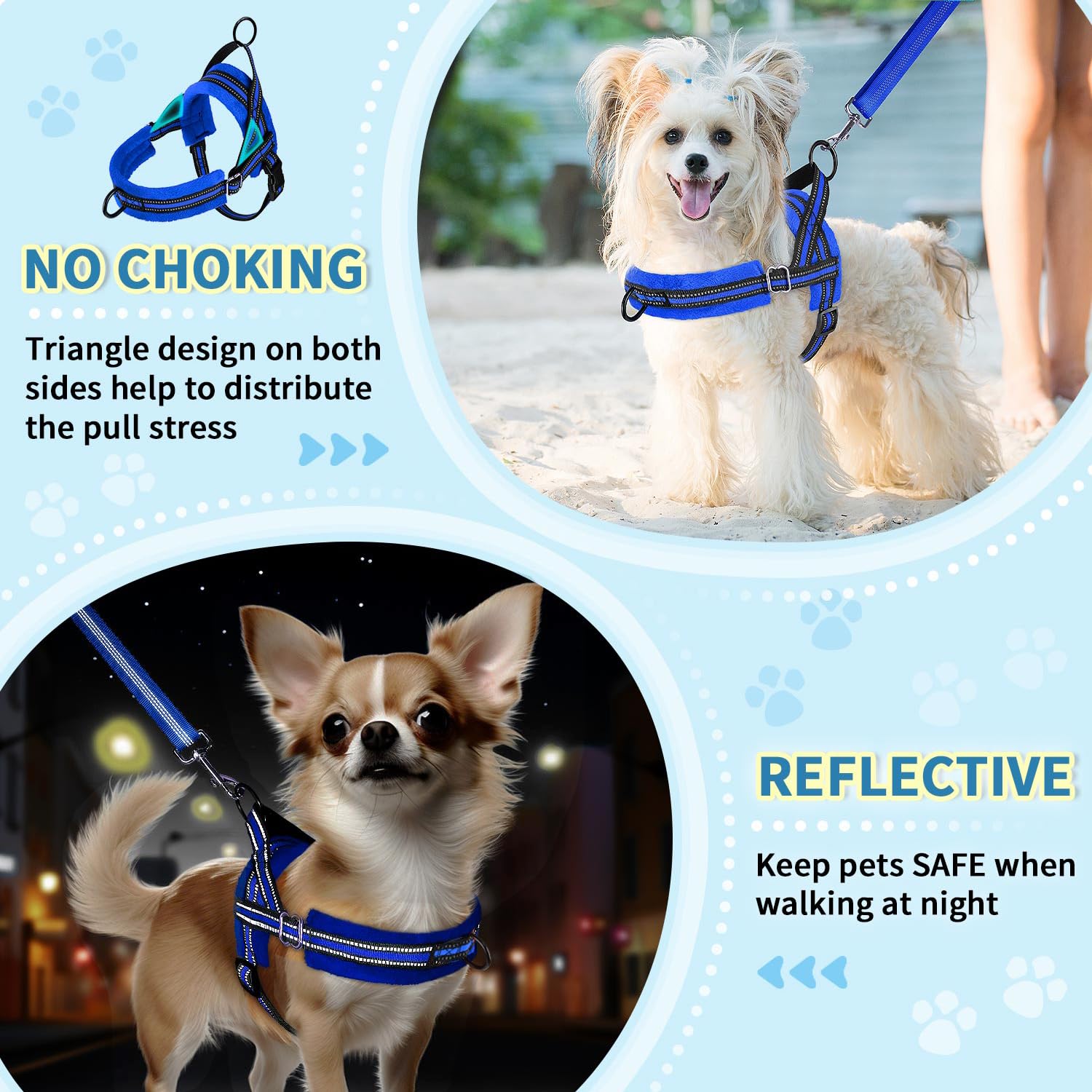 Lukovee No Pull Dog Harness and Leash Set, Blue, Size M – Adjustable, Reflective, Soft Padded for Small Dogs