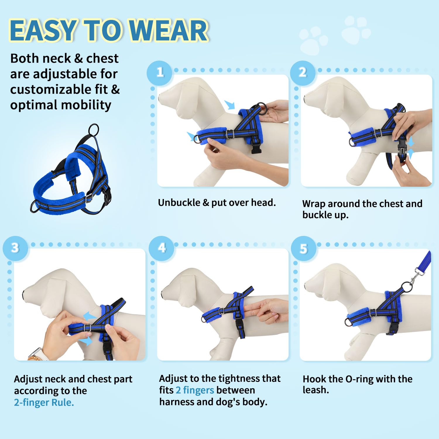 Lukovee No Pull Dog Harness and Leash Set, Blue, Size M – Adjustable, Reflective, Soft Padded for Small Dogs