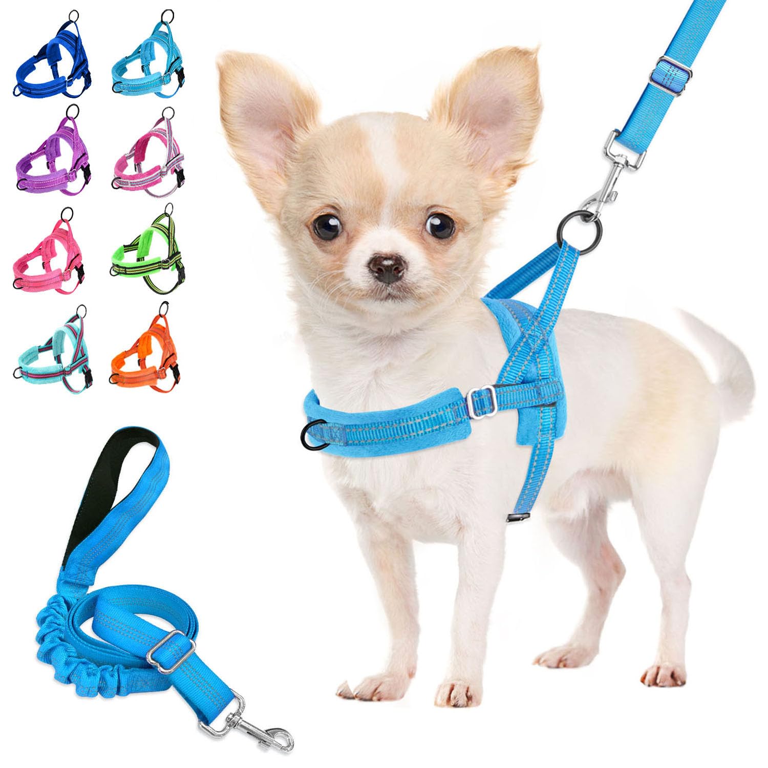 Lukovee No Pull Dog Harness and Leash Set for Small Dogs - Soft Padded Adjustable Vest with Reflective Strips and Bungee Leash (Light Blue, Size S)