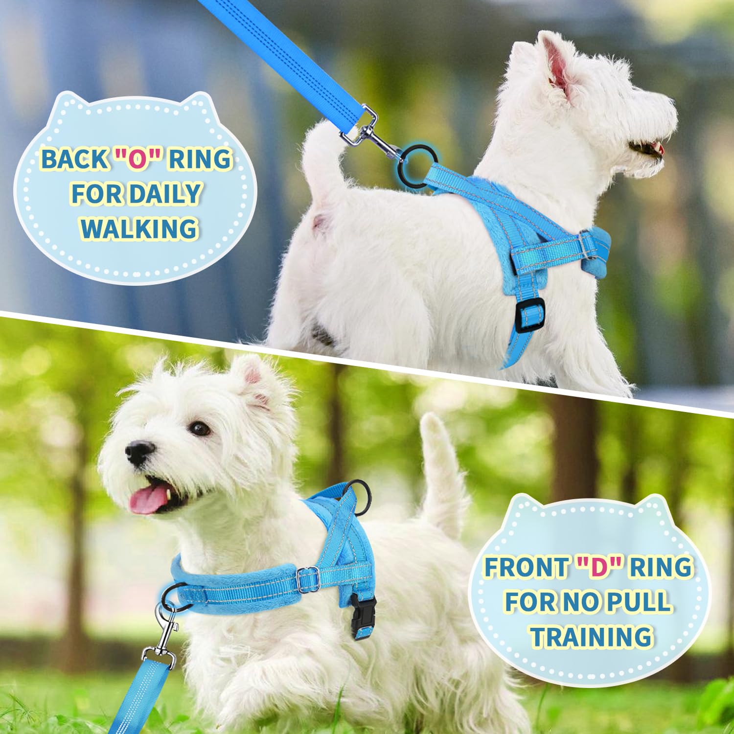 Lukovee No Pull Dog Harness and Leash Set for Small Dogs - Soft Padded Adjustable Vest with Reflective Strips and Bungee Leash (Light Blue, Size S)
