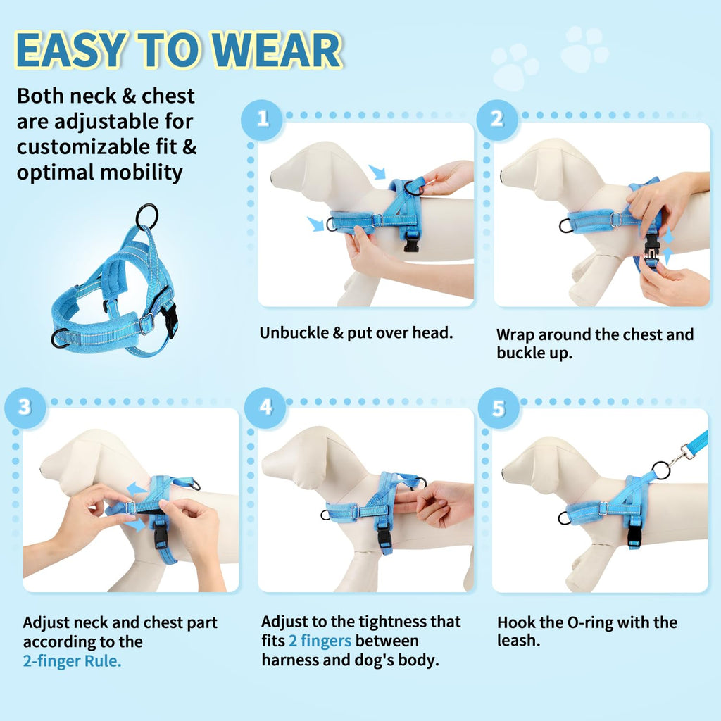 Lukovee No Pull Dog Harness and Leash Set for Small Dogs - Soft Padded Adjustable Vest with Reflective Strips and Bungee Leash (Light Blue, Size S)