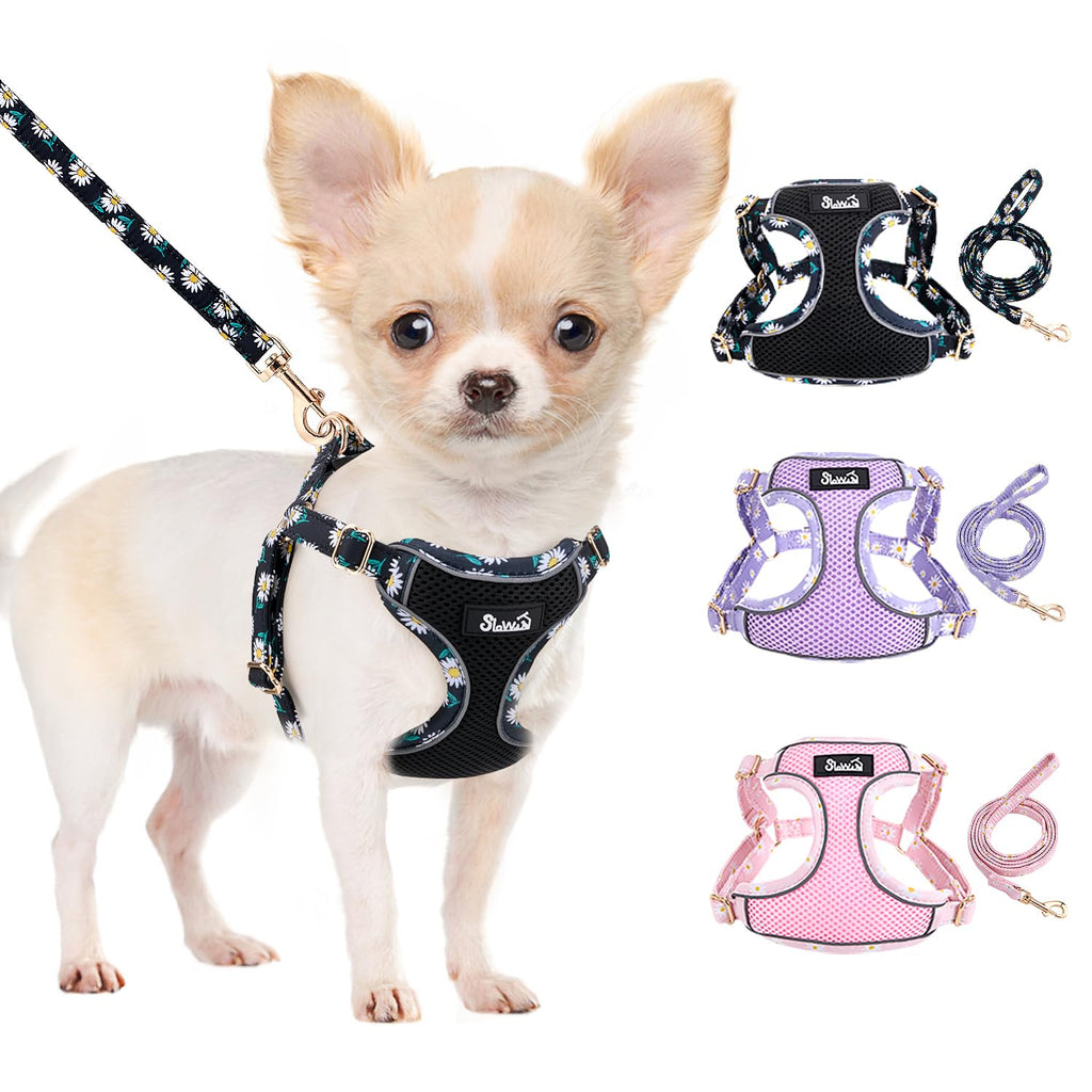Lukovee No Pull Puppy Harness and Leash Set - Lightweight Step-in Vest with Reflective Strips for Small Dogs (Black, S)