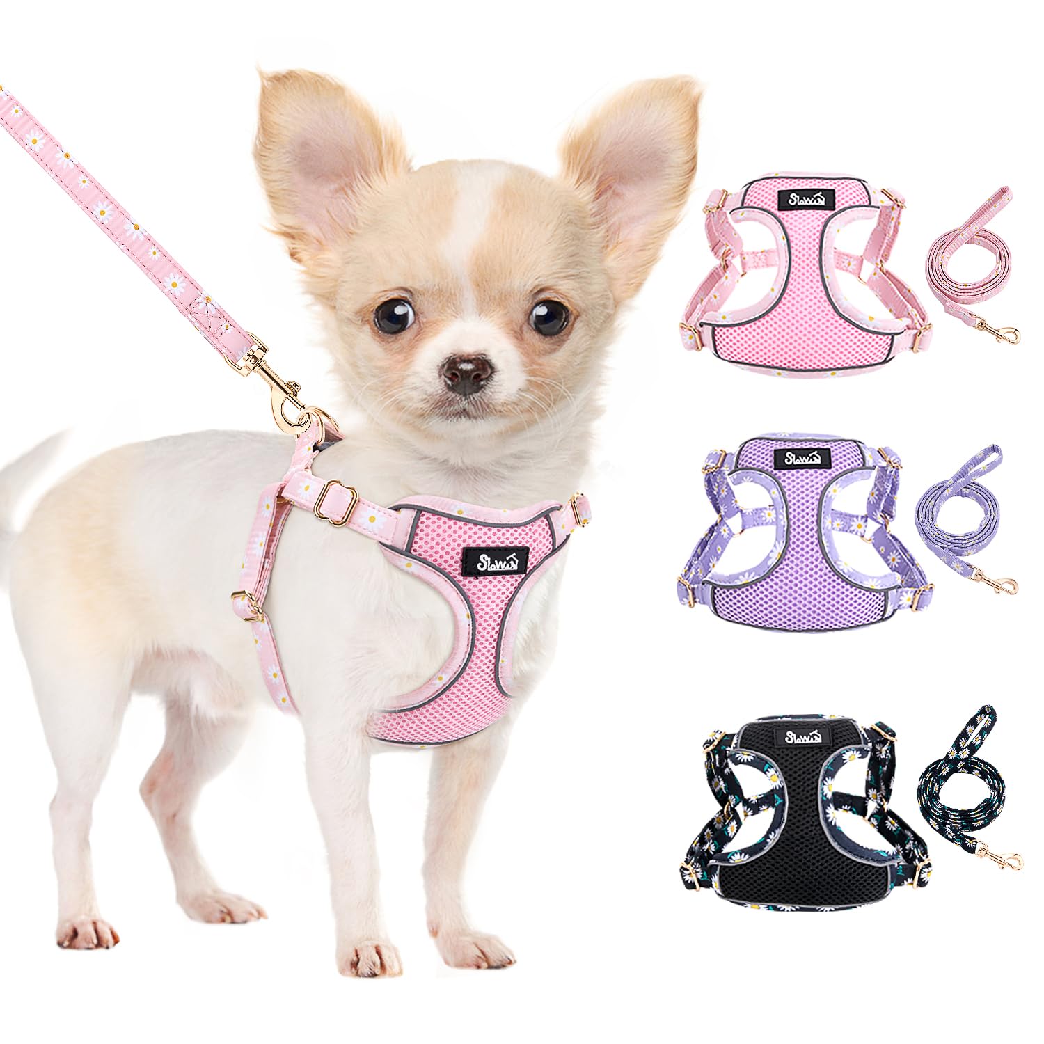 Lukovee No Pull Puppy Harness and Leash Set in Pink XXS (2.2-6 lb) - Ultra-Light 0.9oz Breathable Mesh Step-in Vest with 51in Reflective Leash for Small Dogs