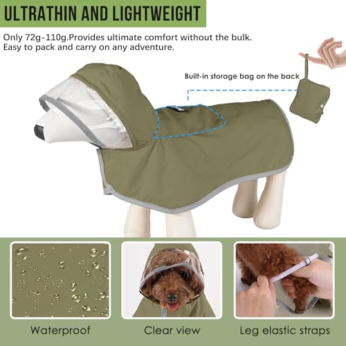Lukovee Small Dog Raincoat - Lightweight Water-Resistant Poncho with Reflective Stripes and Built-in Storage (Green)