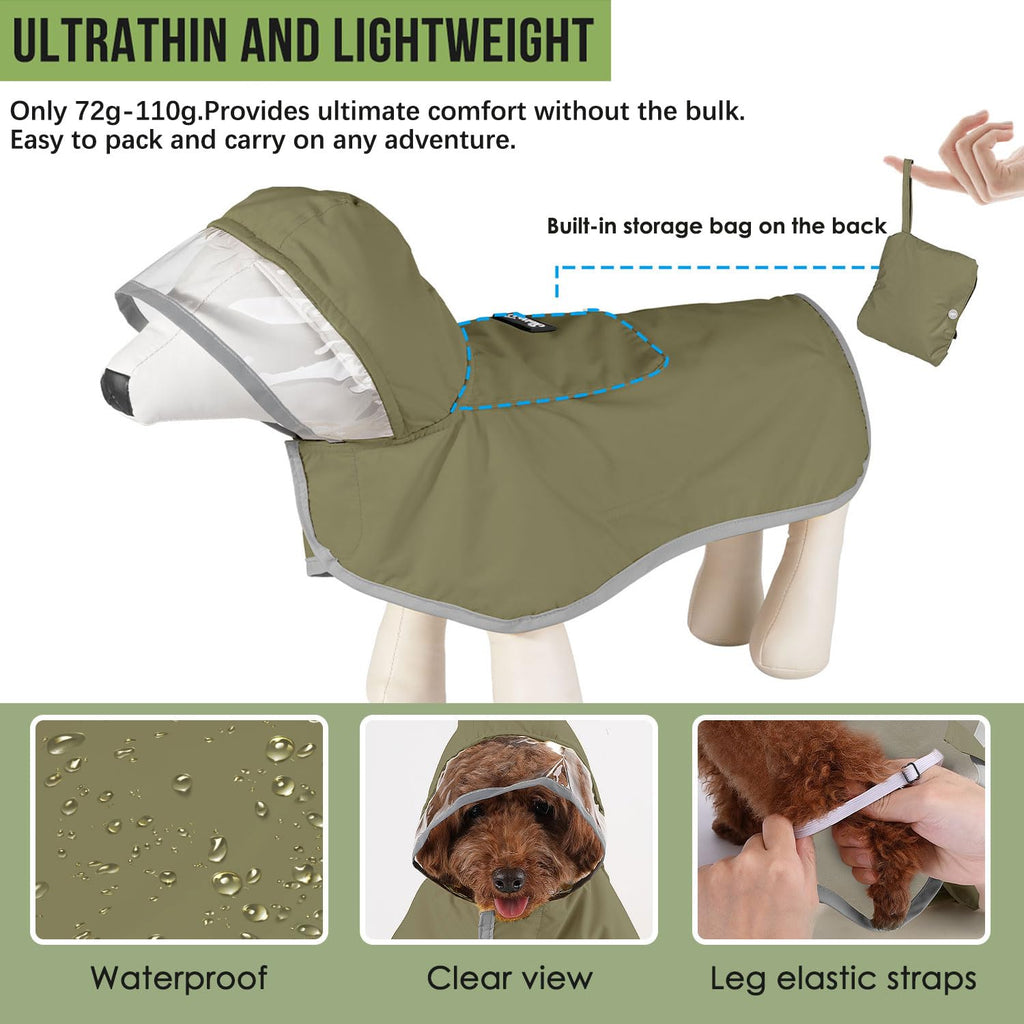 Lukovee Small Dog Raincoat - Lightweight Water-Resistant Poncho with Reflective Stripes and Built-in Storage (Green)