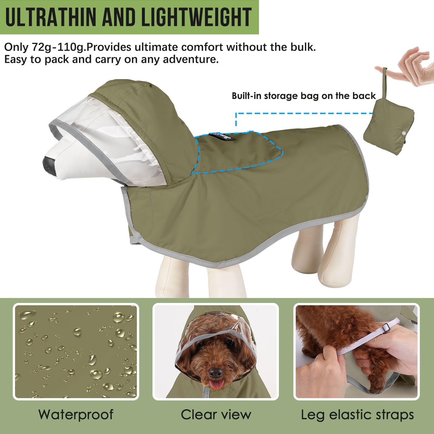 Lukovee Small Dog Raincoat - Lightweight Water-Resistant Poncho with Reflective Stripes and Built-in Storage (Green)