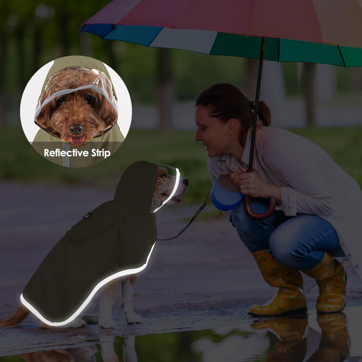 Lukovee Small Dog Raincoat - Lightweight Water-Resistant Poncho with Reflective Stripes and Built-in Storage (Green)