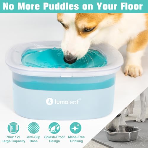 LumoLeaf No Spill Water Bowl for Dogs – 70oz Splash-Proof Slow Feeder (Blue)