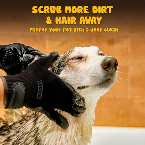 Lumova Pet Grooming Glove – Rubber-Massage Shedding and Bath Hair Remover for Dogs, Cats, and Livestock (Black, Adjustable)
