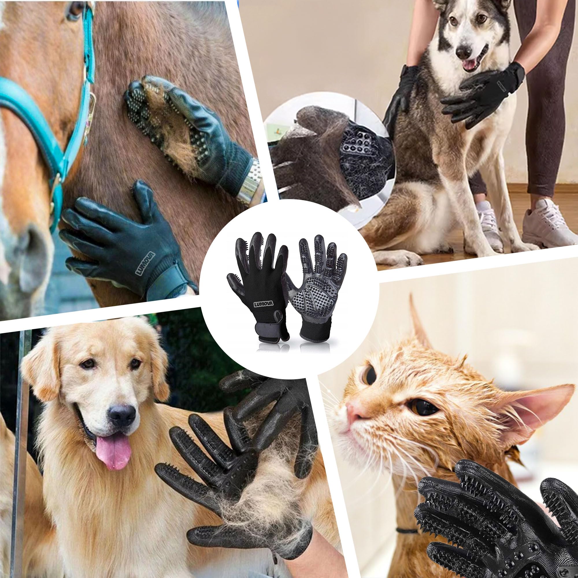 Lumova Pet Grooming Glove – Rubber-Massage Shedding and Bath Hair Remover for Dogs, Cats, and Livestock (Black, Adjustable)
