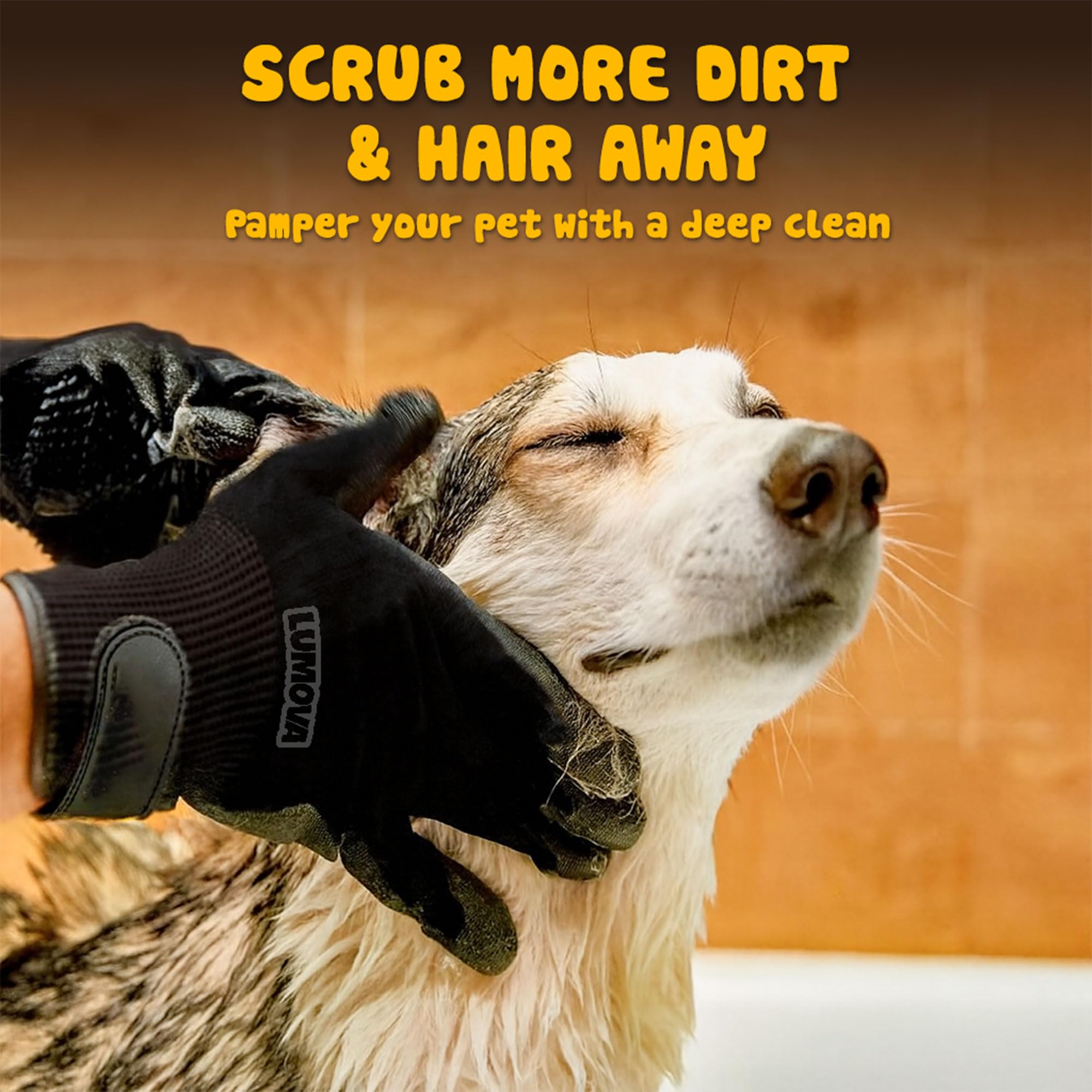 Lumova Pet Grooming Glove – Rubber-Massage Shedding and Bath Hair Remover for Dogs, Cats, and Livestock (Black, Adjustable)