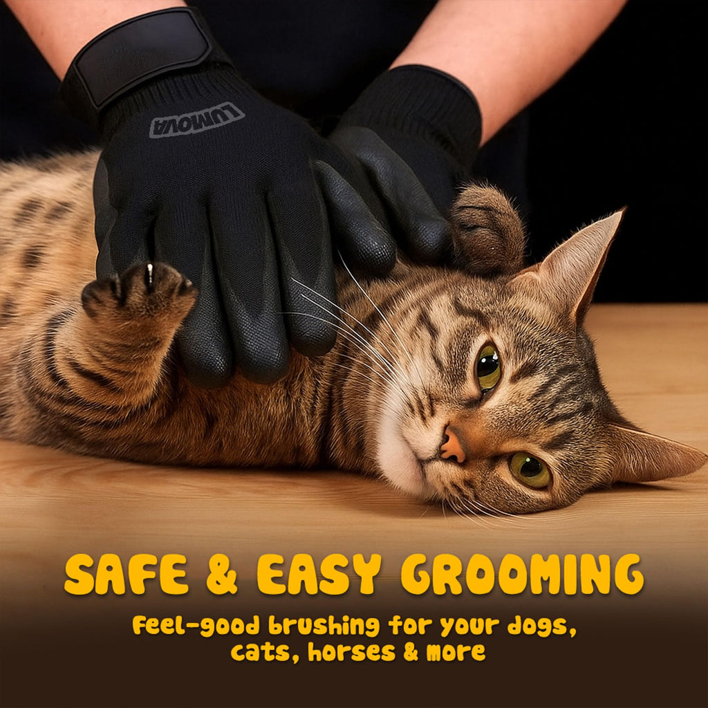 Lumova Pet Grooming Glove – Rubber-Massage Shedding and Bath Hair Remover for Dogs, Cats, and Livestock (Black, Adjustable)