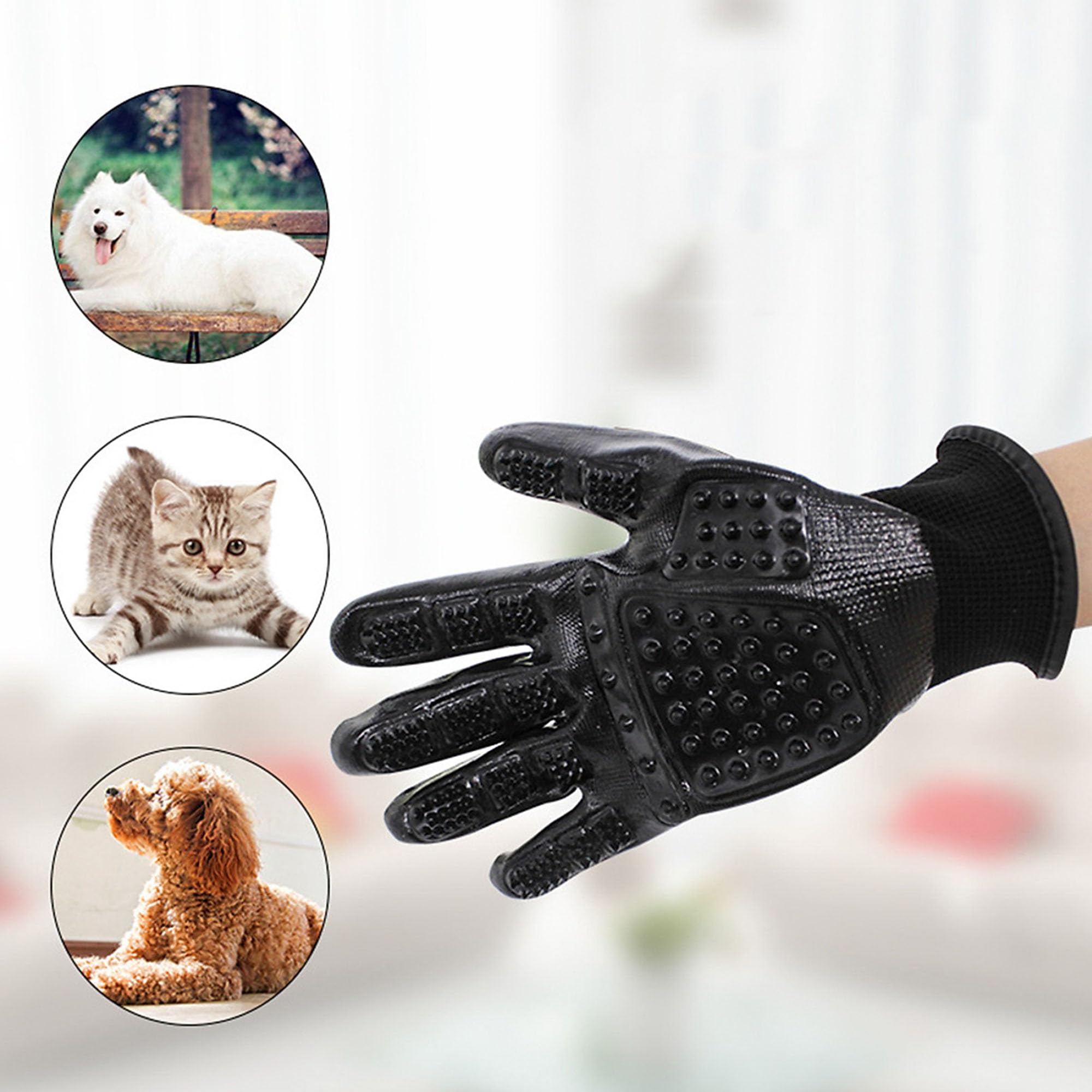 Lumova Pet Grooming Glove – Rubber-Massage Shedding and Bath Hair Remover for Dogs, Cats, and Livestock (Black, Adjustable)