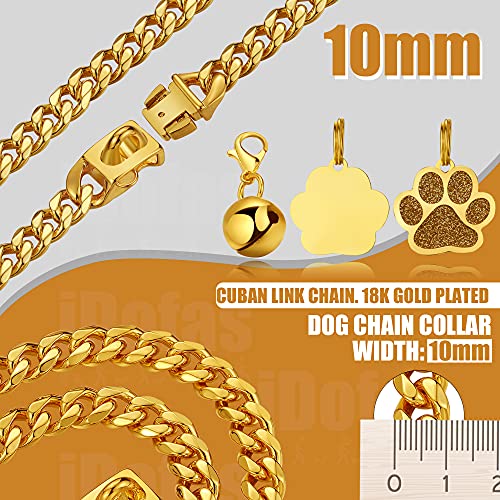 LuxLife 10mm Gold Cuban Link Dog Collar – 316 Stainless Steel with 18K Gold Plating, Snap Buckle, Includes Bell & Tag (12")