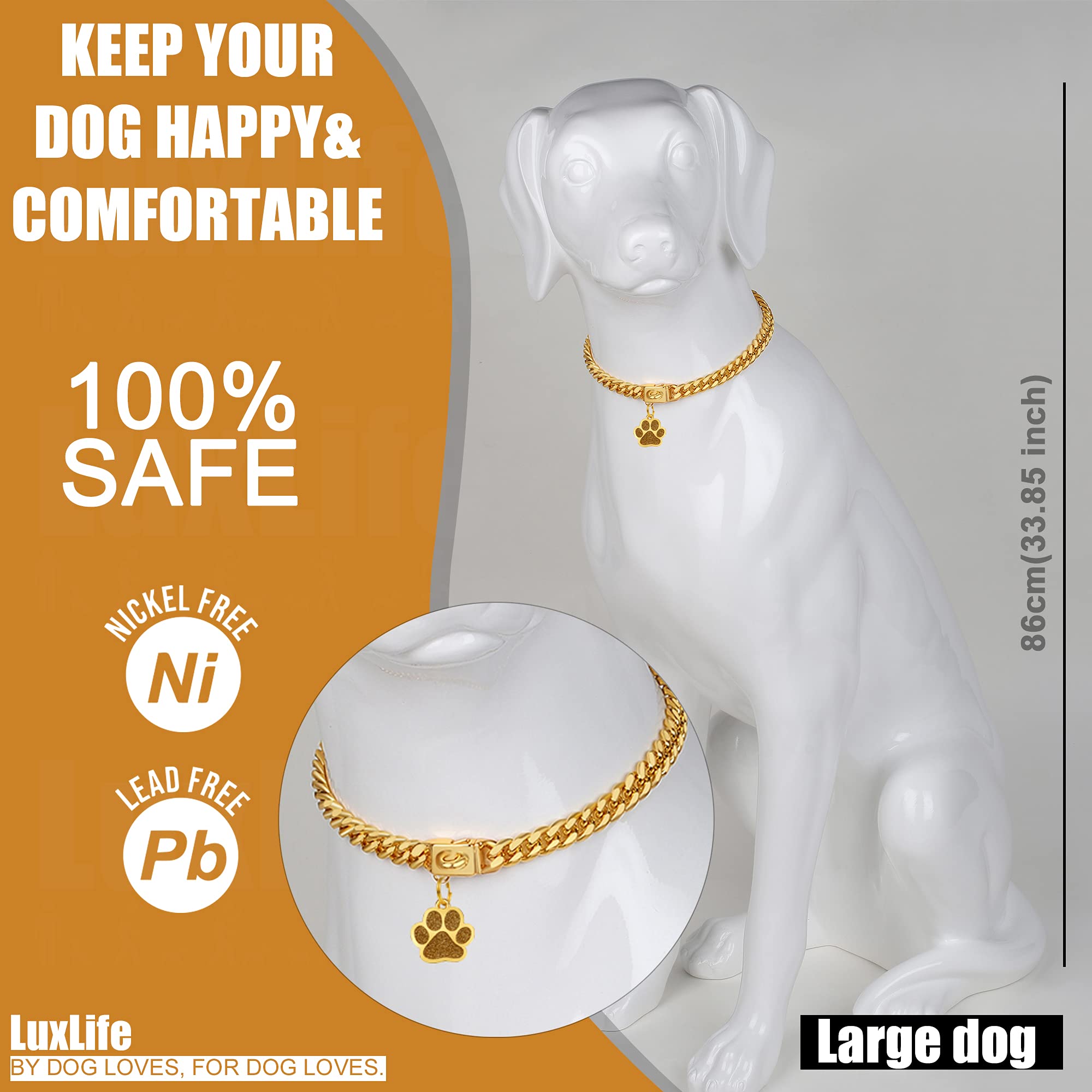 LuxLife 10mm Gold Cuban Link Dog Collar – 316 Stainless Steel with 18K Gold Plating, Snap Buckle, Includes Bell & Tag (12")