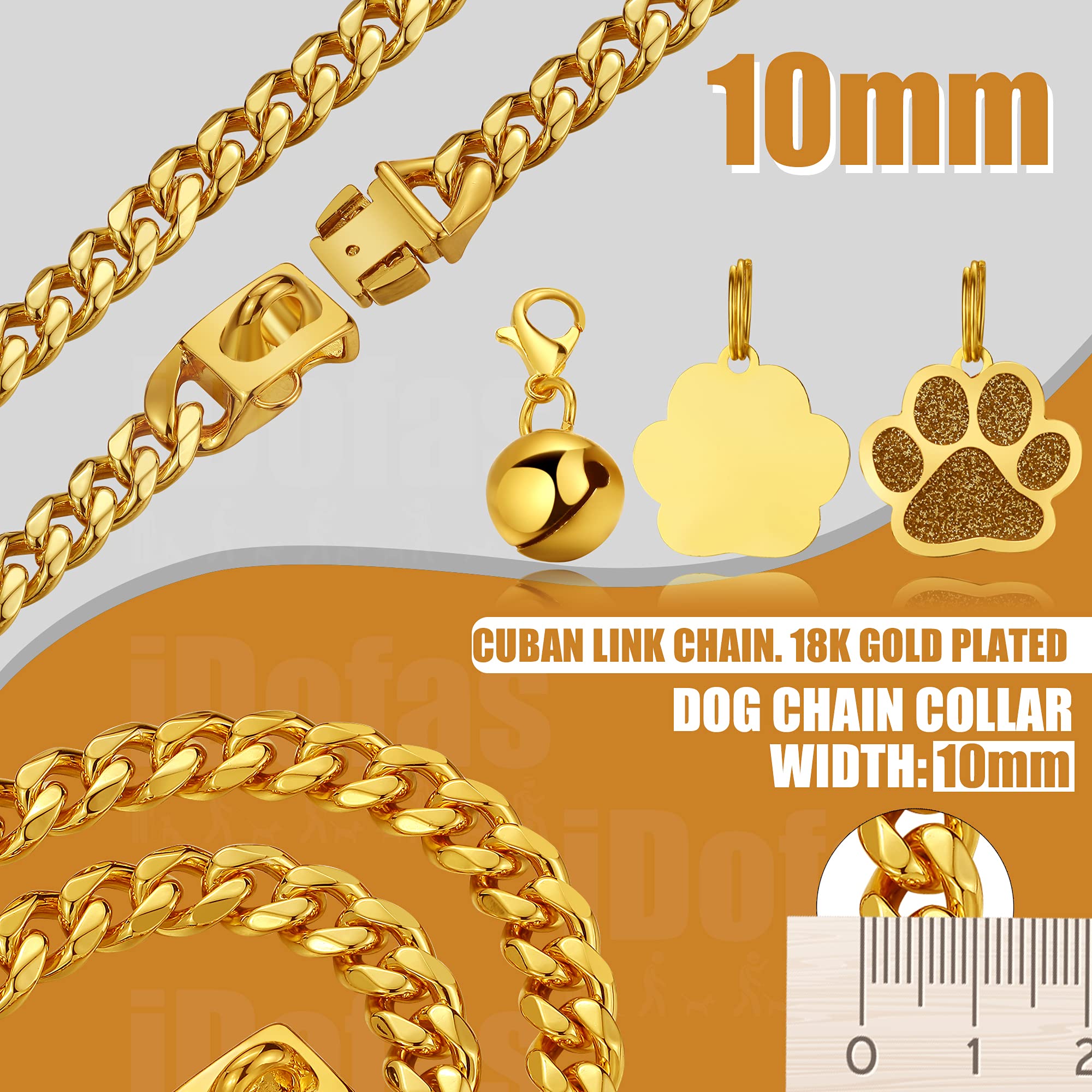 LuxLife 10mm Gold Cuban Link Dog Collar – 316 Stainless Steel with 18K Gold Plating, Snap Buckle, Includes Bell & Tag (12")