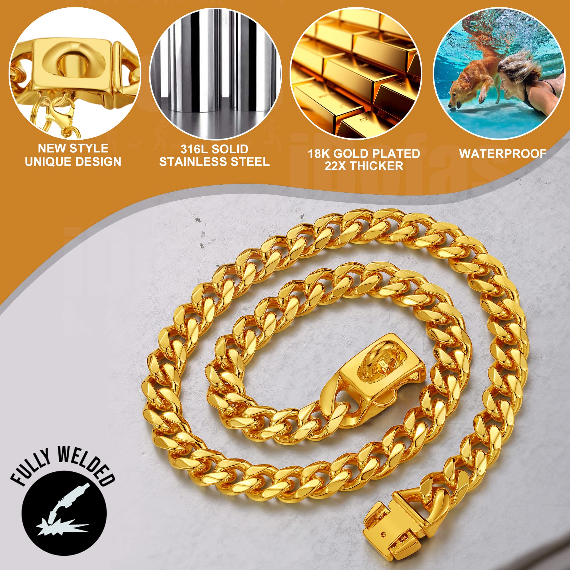 LuxLife 10mm Gold Cuban Link Dog Collar – 316 Stainless Steel with 18K Gold Plating, Snap Buckle, Includes Bell & Tag (12")