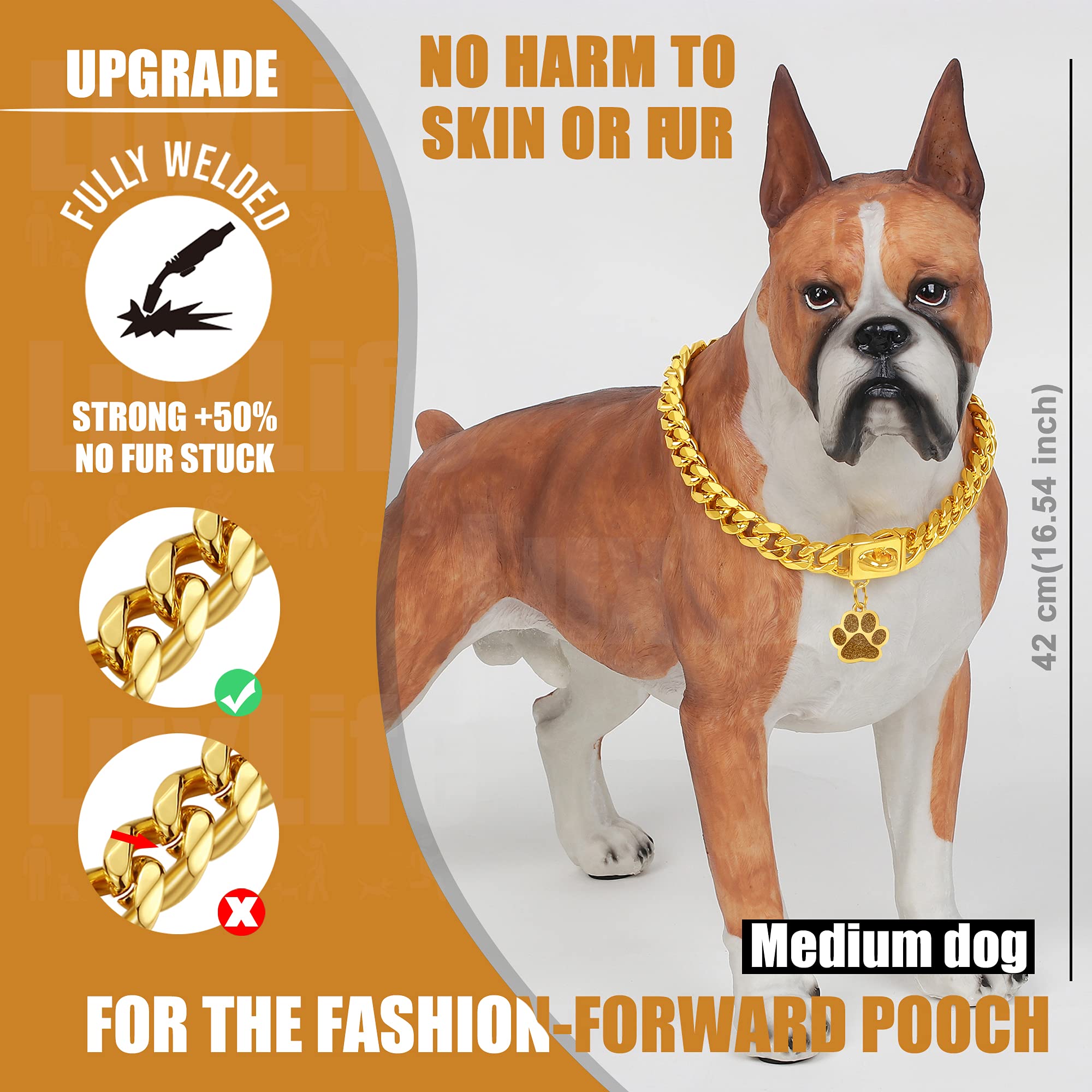LuxLife 10mm Gold Cuban Link Dog Collar – 316 Stainless Steel with 18K Gold Plating, Snap Buckle, Includes Bell & Tag (12")