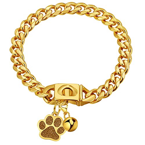 LuxLife 10mm Gold Cuban Link Dog Collar – 316 Stainless Steel with 18K Gold Plating, Snap Buckle, Includes Bell & Tag (12")