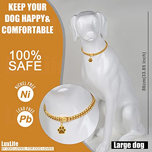 LuxLife 10mm Gold Cuban Link Dog Collar – 316 Stainless Steel with 18K Gold Plating, Snap Buckle, Includes Bell & Tag (12")