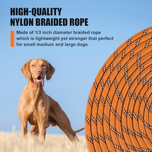 Lynxking 50ft Reflective Dog Leash - Heavy Duty Rope with Padded Handle, Orange