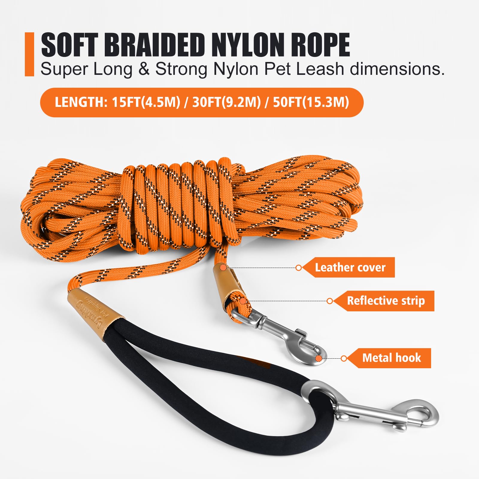 Lynxking 50ft Reflective Dog Leash - Heavy Duty Rope with Padded Handle, Orange