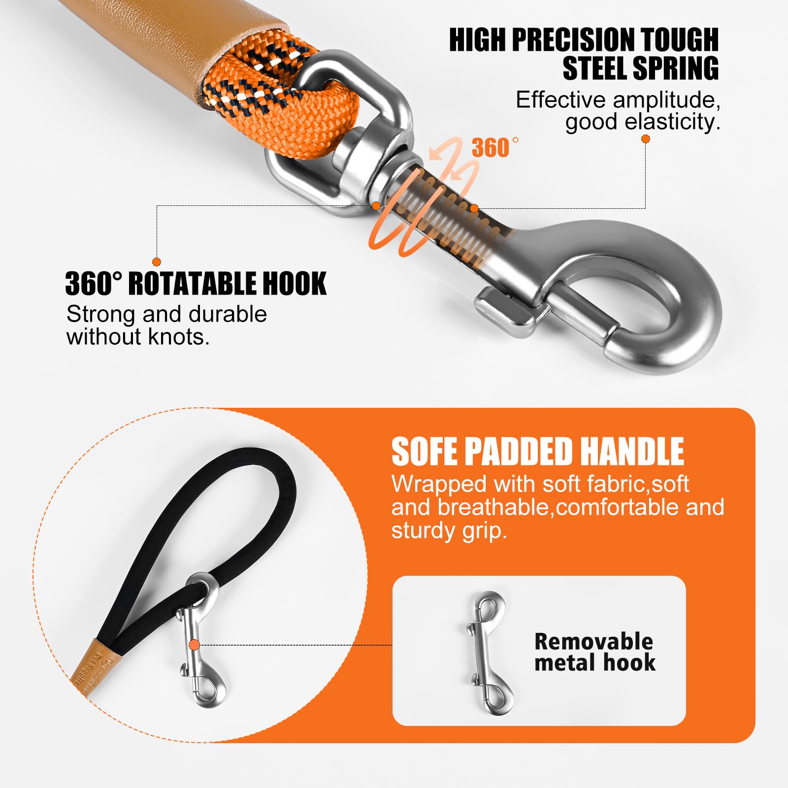 Lynxking 50ft Reflective Dog Leash - Heavy Duty Rope with Padded Handle, Orange