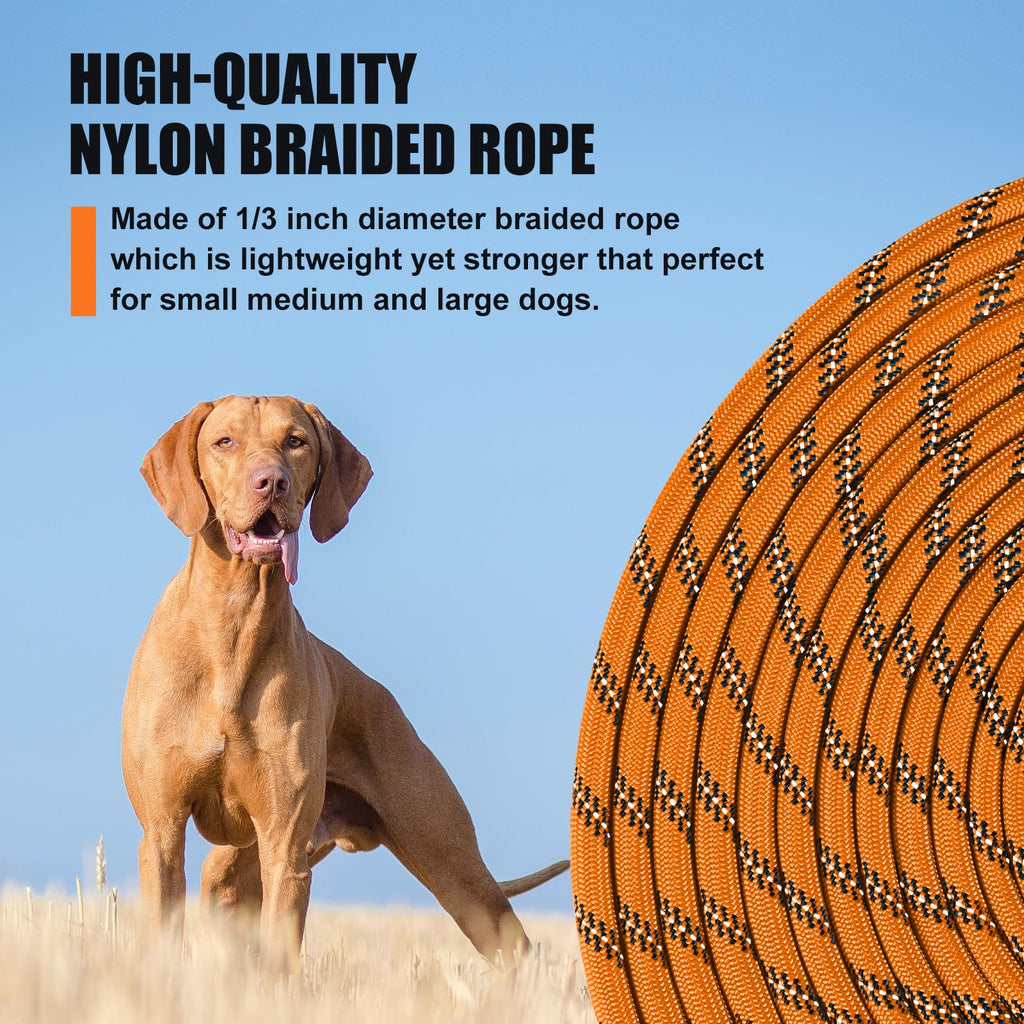 Lynxking 50ft Reflective Dog Leash - Heavy Duty Rope with Padded Handle, Orange