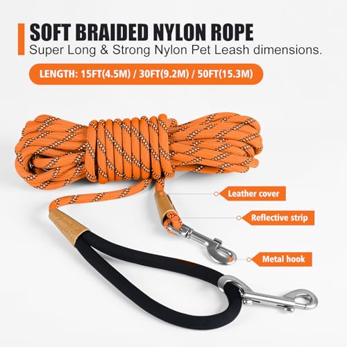 Lynxking 50ft Reflective Dog Leash - Heavy Duty Rope with Padded Handle, Orange