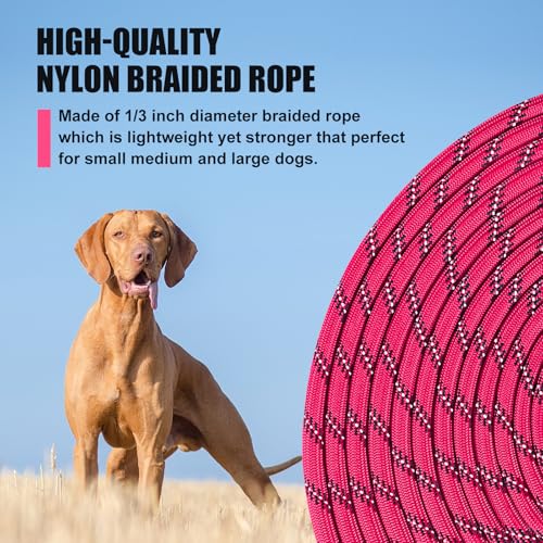Lynxking Reflective Long Dog Leash 50ft - Heavy Duty Check Cord with Padded Handle for Large Dogs (Pink)