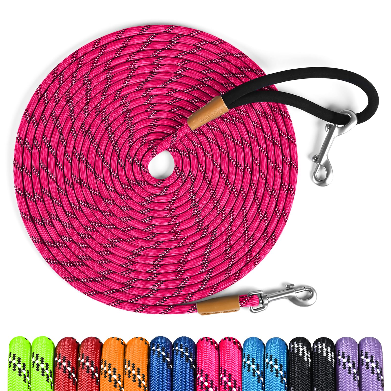 Lynxking Reflective Long Dog Leash 50ft - Heavy Duty Check Cord with Padded Handle for Large Dogs (Pink)