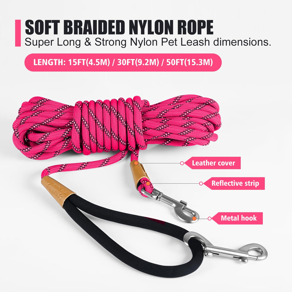 Lynxking Reflective Long Dog Leash 50ft - Heavy Duty Check Cord with Padded Handle for Large Dogs (Pink)