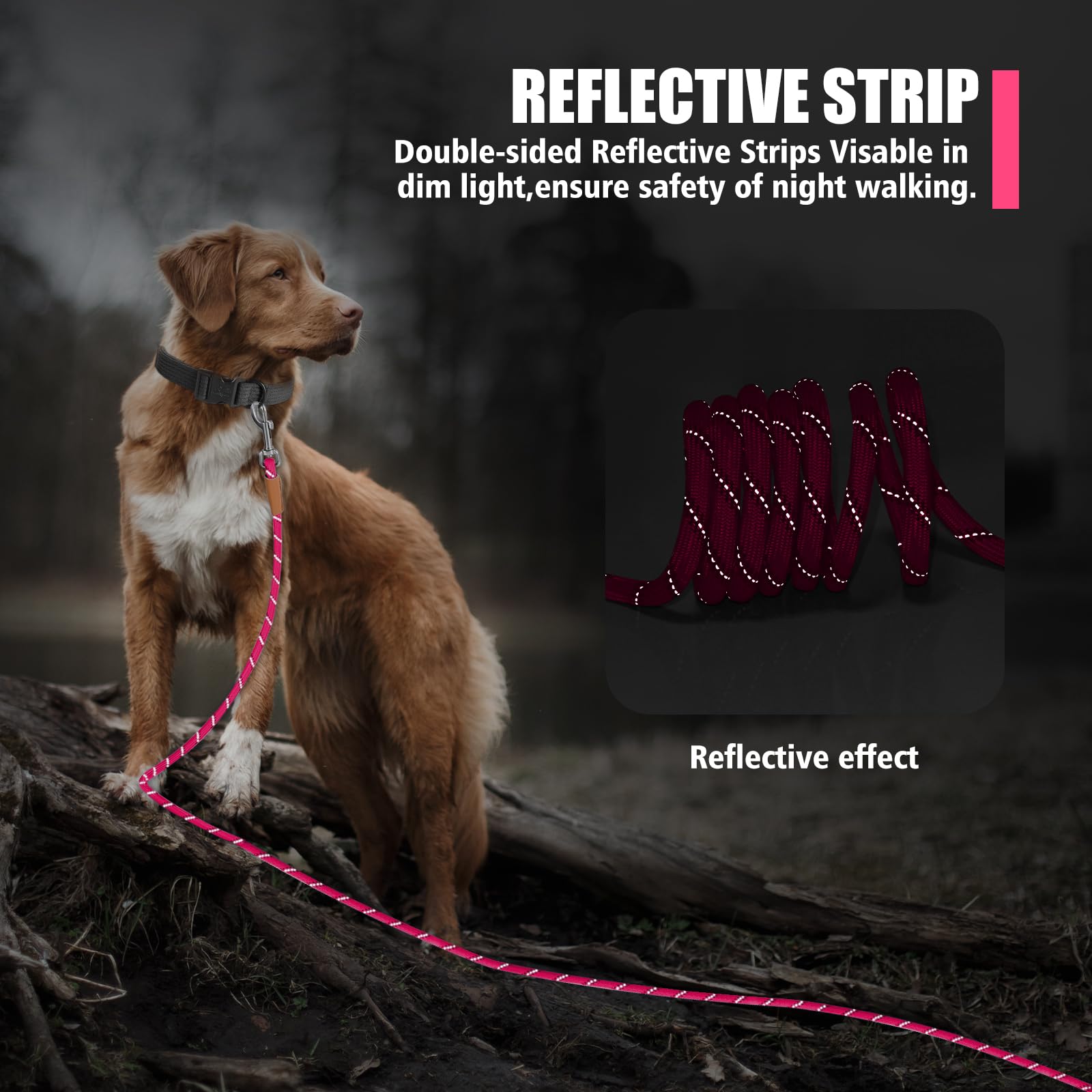 Lynxking Reflective Long Dog Leash 50ft - Heavy Duty Check Cord with Padded Handle for Large Dogs (Pink)