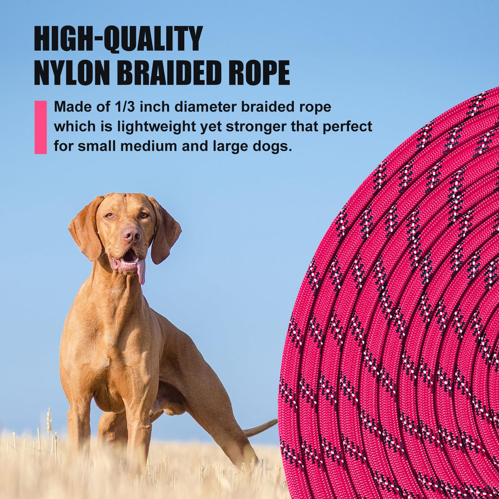 Lynxking Reflective Long Dog Leash 50ft - Heavy Duty Check Cord with Padded Handle for Large Dogs (Pink)