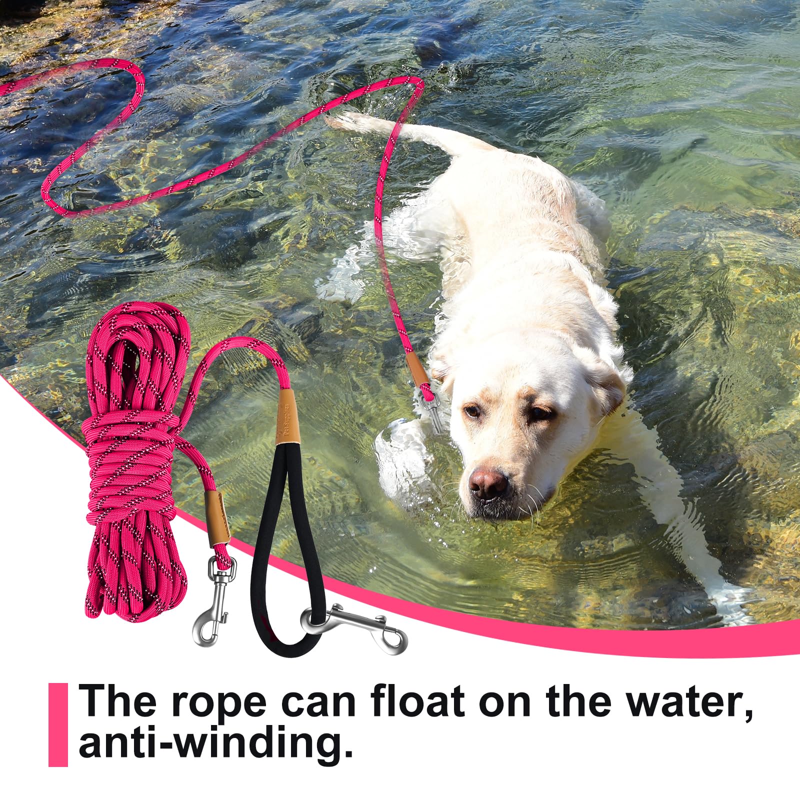 Lynxking Reflective Long Dog Leash 50ft - Heavy Duty Check Cord with Padded Handle for Large Dogs (Pink)